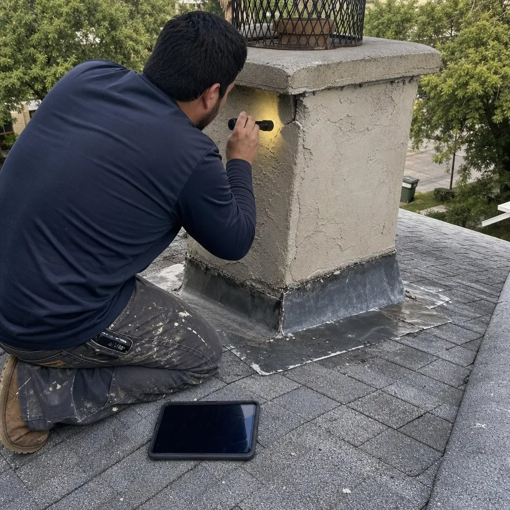 Professional technician inspecting chimney masonry crack on residential roof