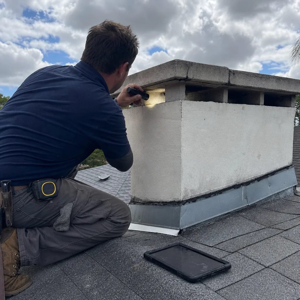 Chimney technician performing a professional rooftop chimney inspection