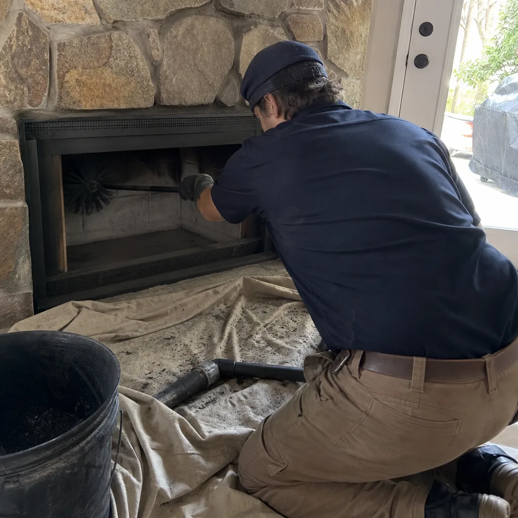 Professional chimney sweep cleaning a fireplace with specialized brush and vacuum