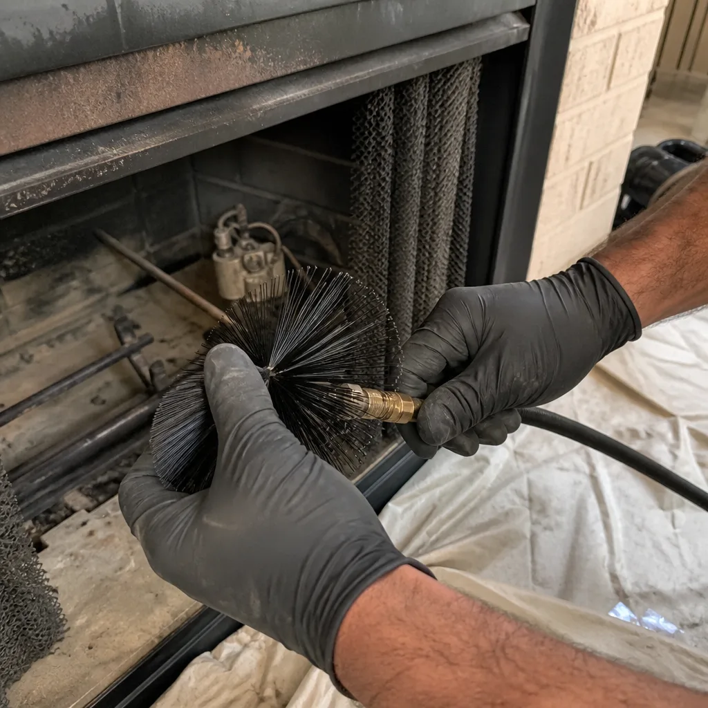 Technician performing professional gas fireplace cleaning and maintenance service
