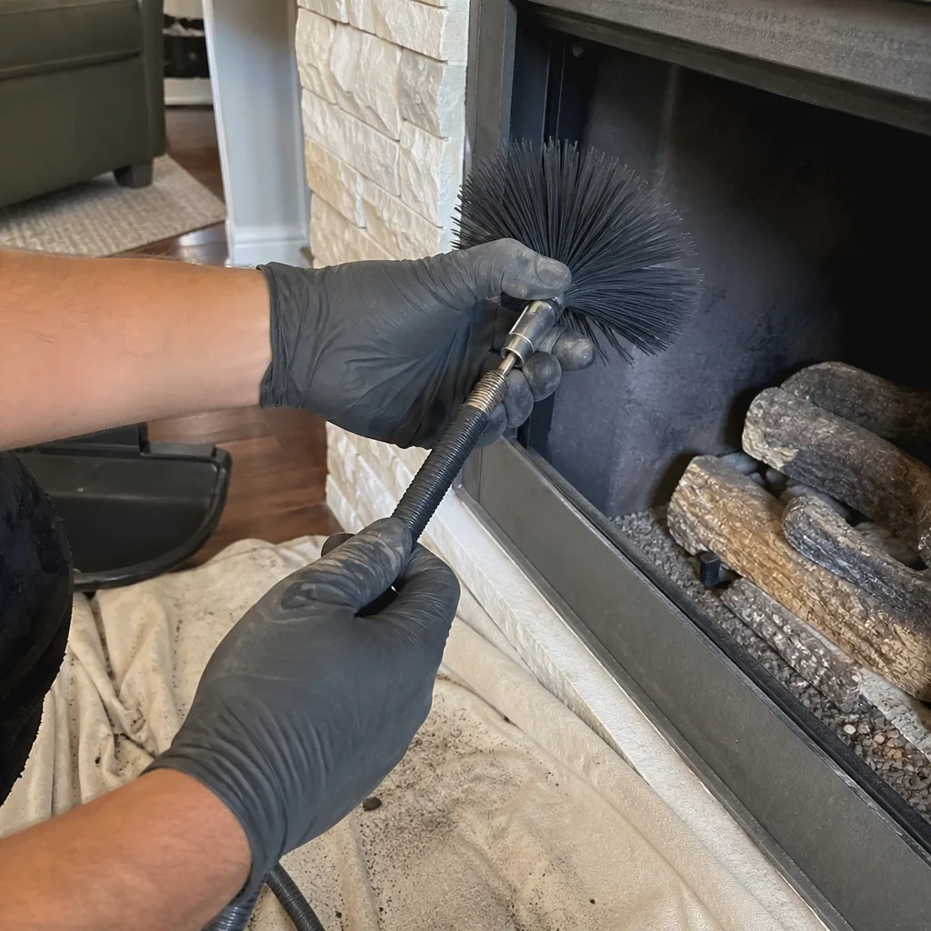 Technician cleaning gas fireplace insert with a rotary brush