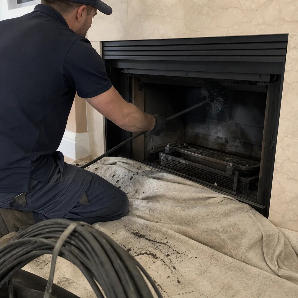 Professional technician performing gas fireplace repair and maintenance cleaning service.